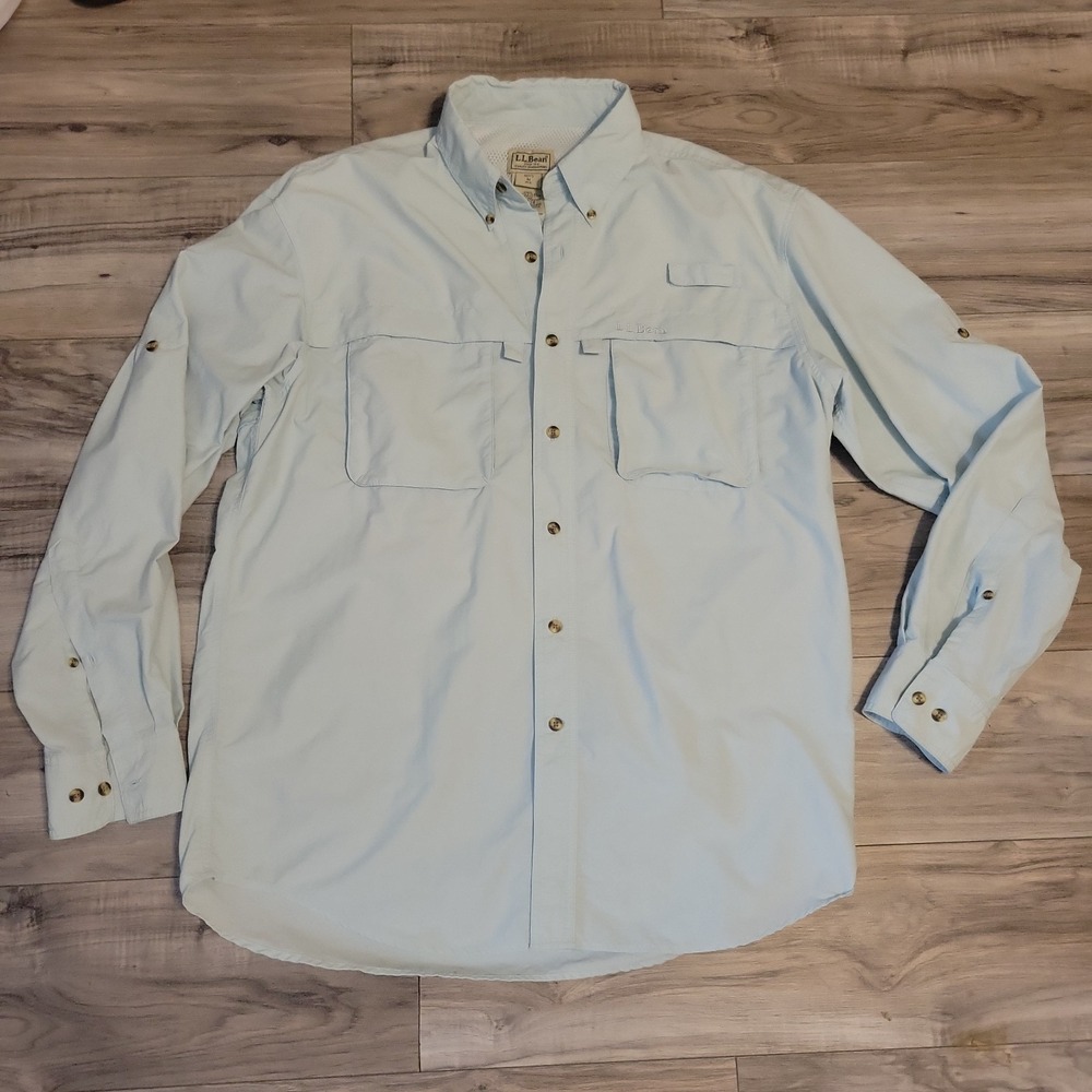 LL Bean Fishing Shirt Mens Medium Mint Green Vented Long Sleeve Button Up